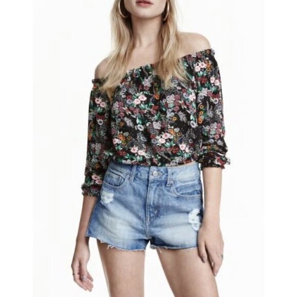 Divided H&M Womens Cropped Off Shoulder Colorful Floral Print Top Sz 4 Small - Picture 1 of 12